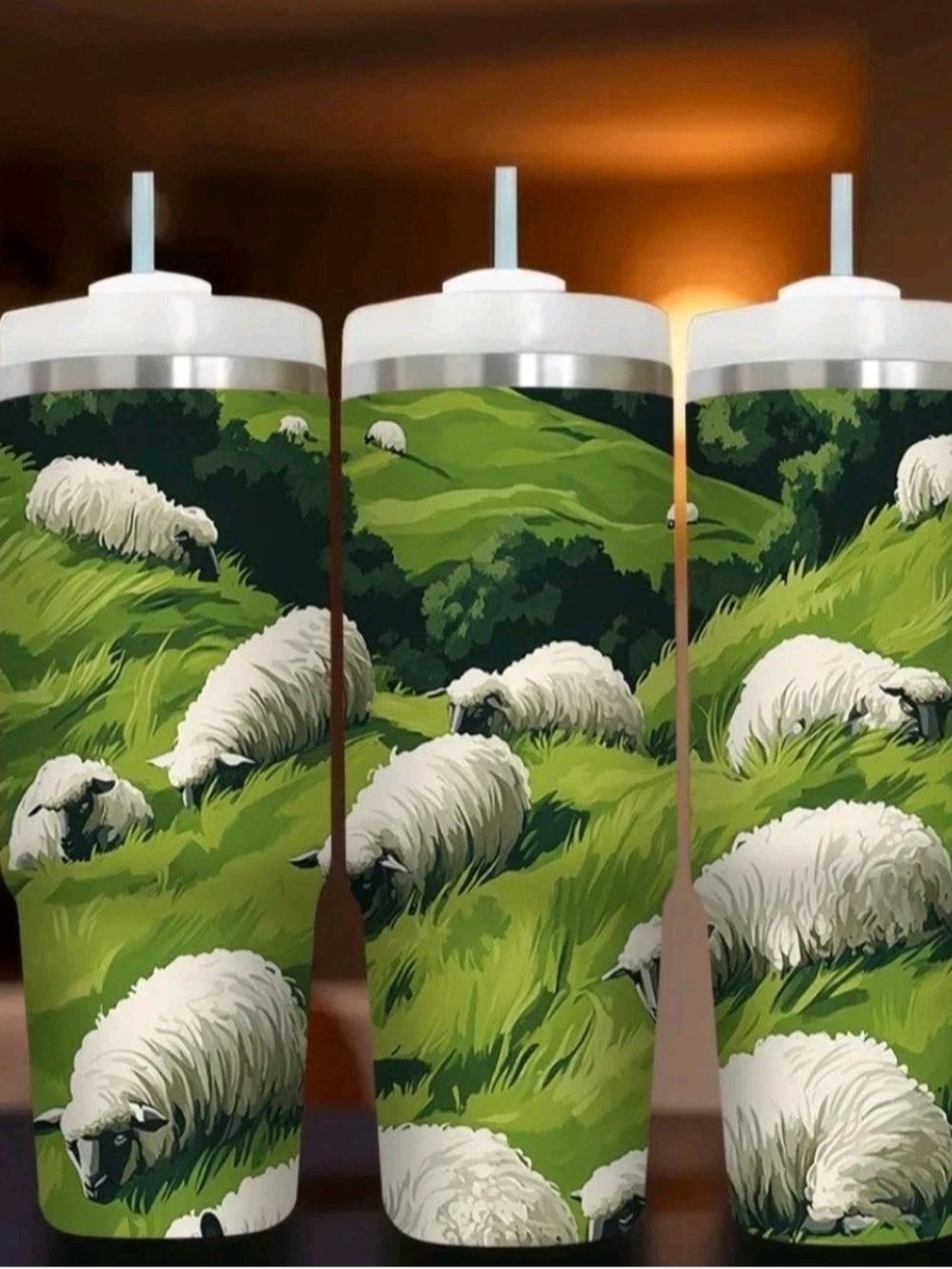 30 Oz. Sheep In Pastures Stainless Steel Insulated Tumbler - White & Green